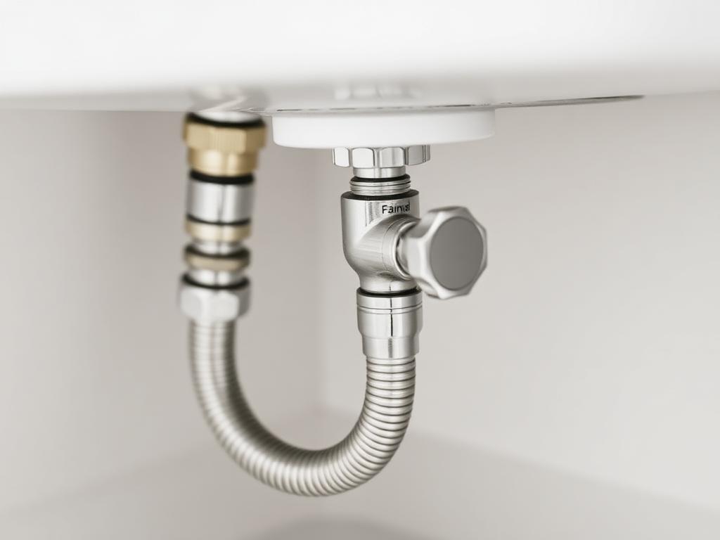 New chrome quarter-turn shutoff valve with a clean braided stainless supply line under a sink