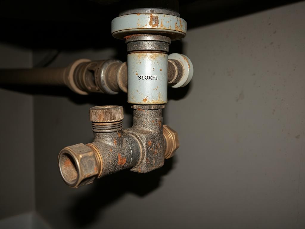 Corroded under-sink shutoff valve with rust and mineral crust on an aged supply connector