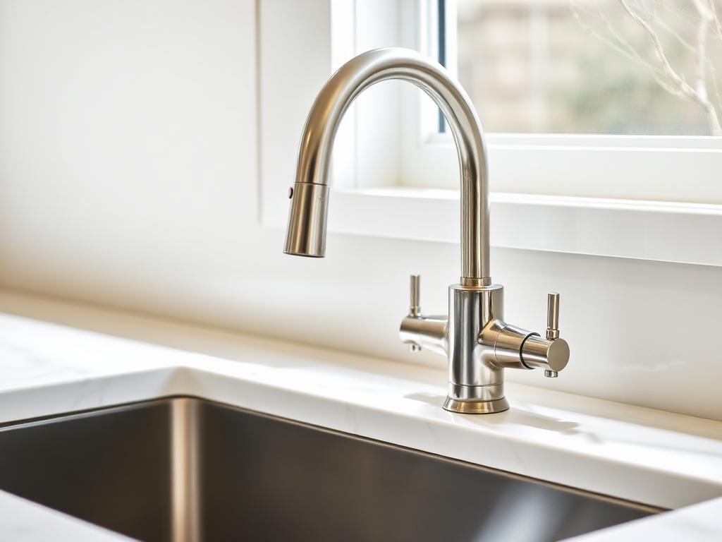 Newly installed brushed nickel kitchen faucet on a clean countertop with no visible scale