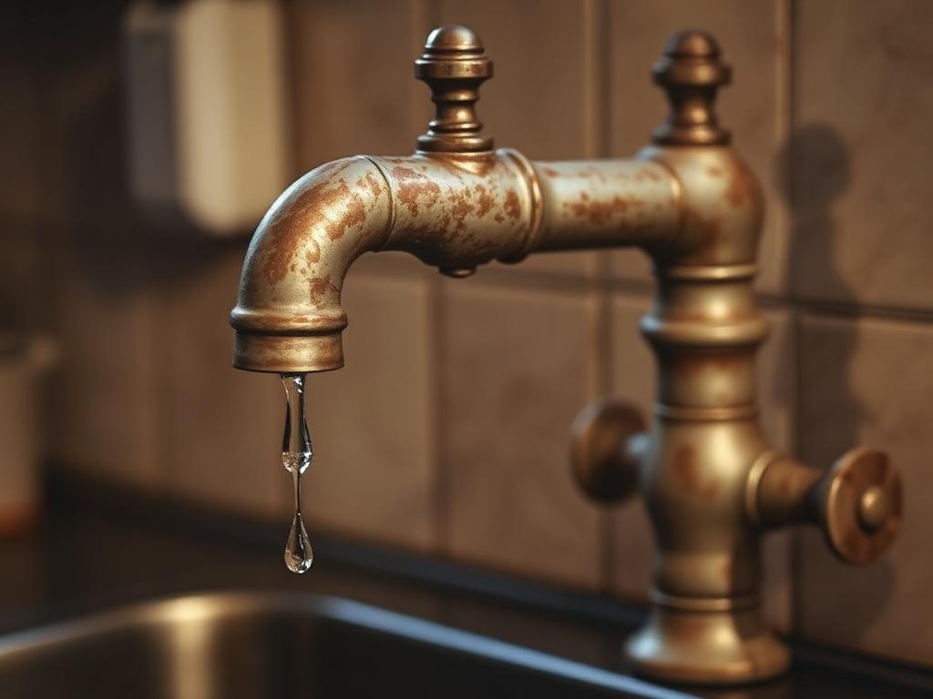 Tarnished kitchen faucet with heavy limescale and a drop of water forming at the spout