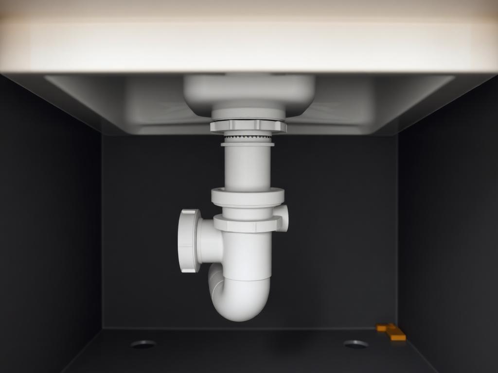 Clean white PVC P-trap assembly neatly installed beneath a sink cabinet