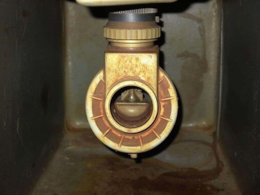 Grimy discoloured P-trap under a sink showing residue and staining around the joints
