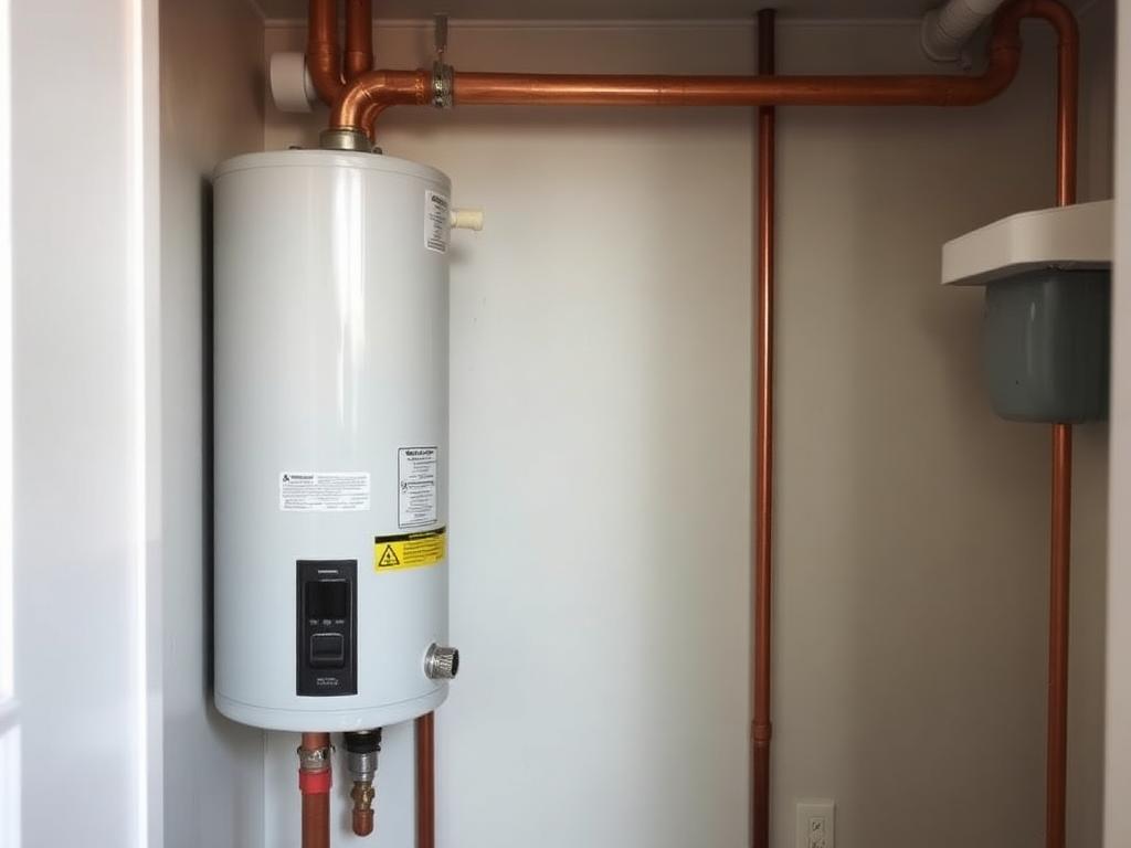 Water heater with tidy copper supply connections and a clean drip pan in a utility closet