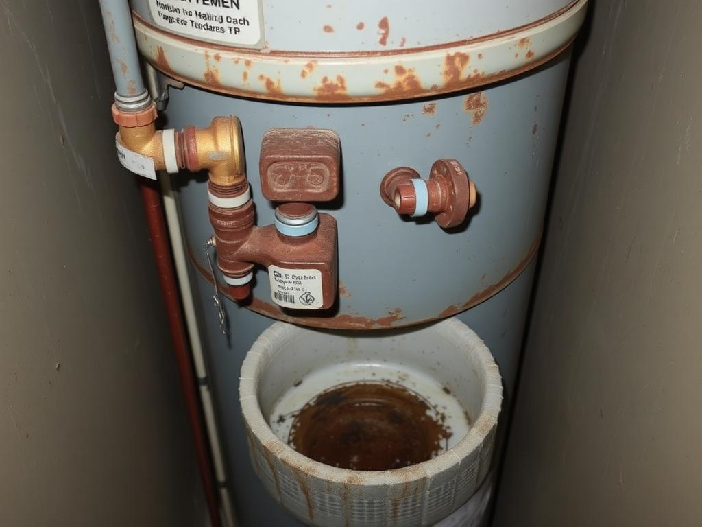 Rusty water heater fittings above a stained and corroded drip pan in a utility closet