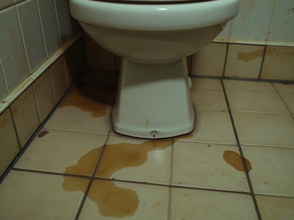 Toilet base with discoloured caulk and water staining spreading across dated floor tile