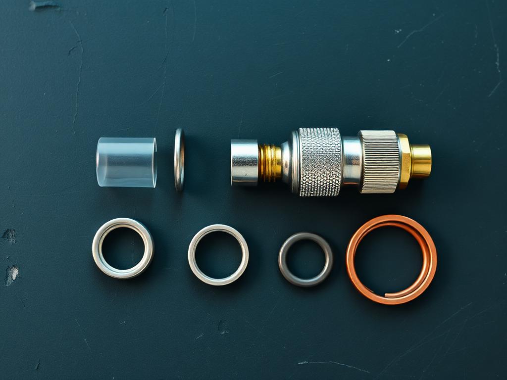 Disassembled faucet cartridge with O-rings and washers laid out on a dark work surface