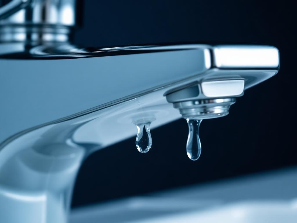 Chrome faucet spout with a single water droplet forming beneath the aerator