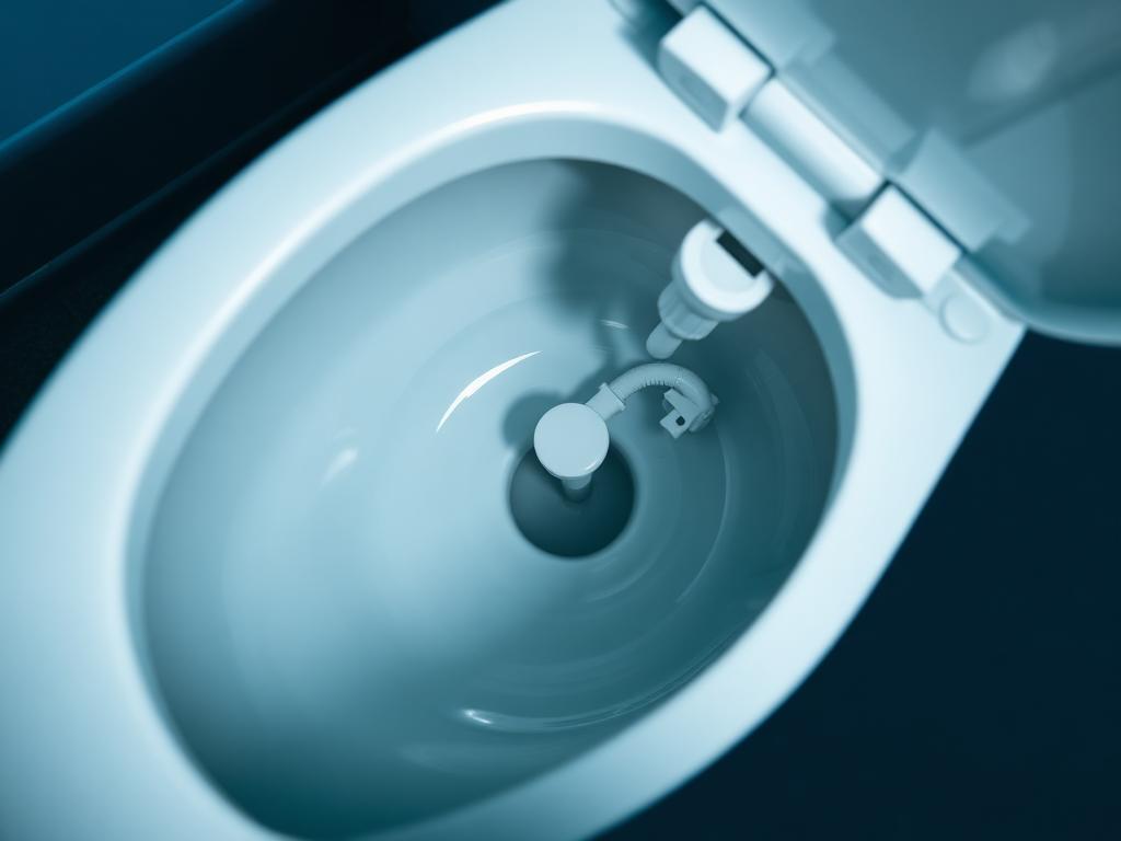 Interior of a toilet showing the flush mechanism and water surface