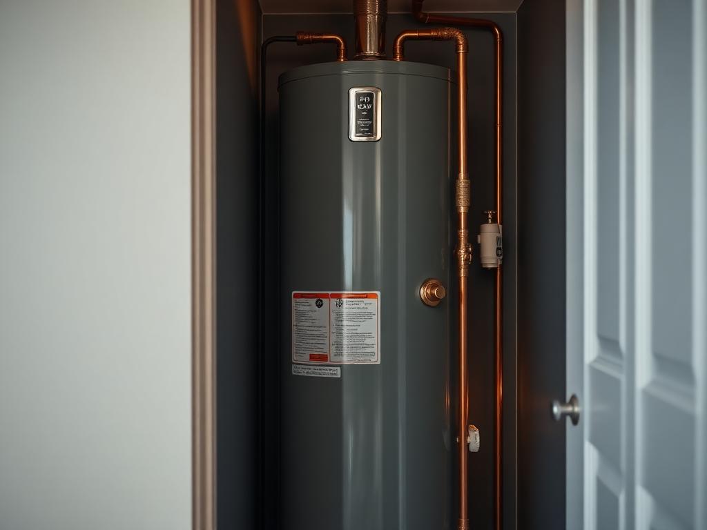Residential storage water heater with copper supply lines in a utility closet